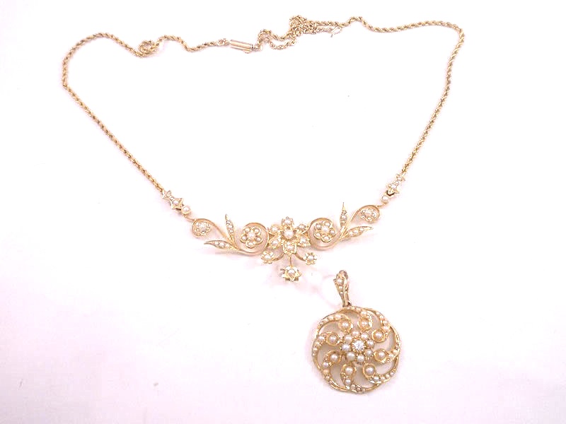 9CT GOLD, ANTIQUE DIAMOND & PEARL NECKLACE (2)